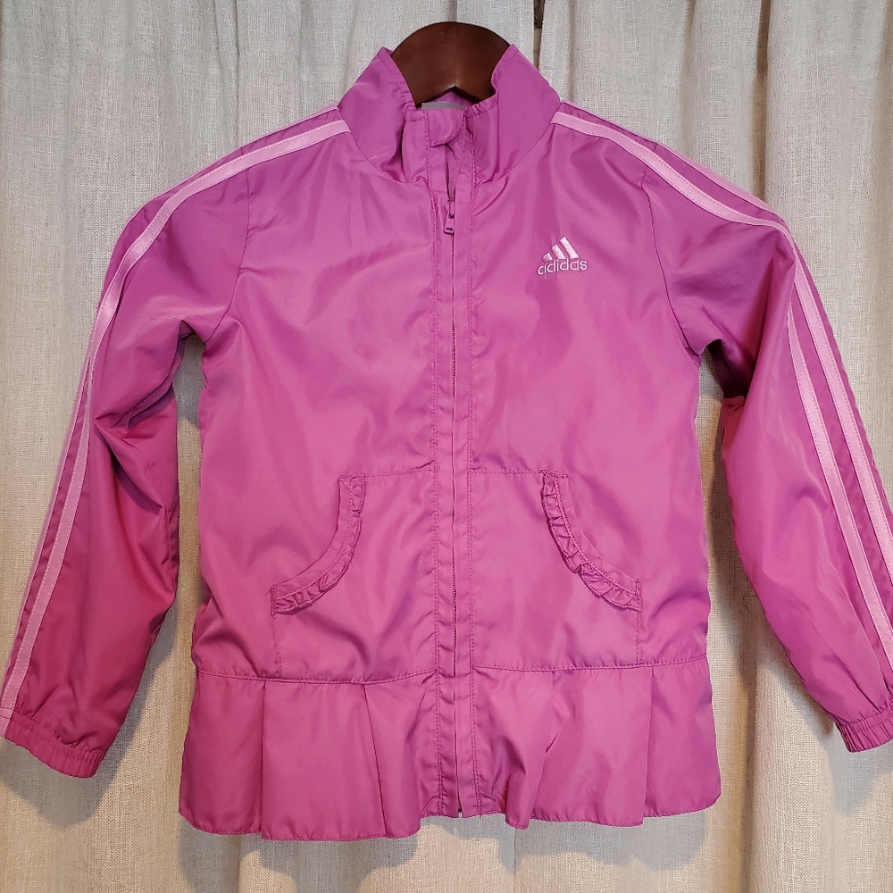 EUC Adidas Girls Bright Pink Track Jacket Pink Stripes Ruffle Bottom Size 6